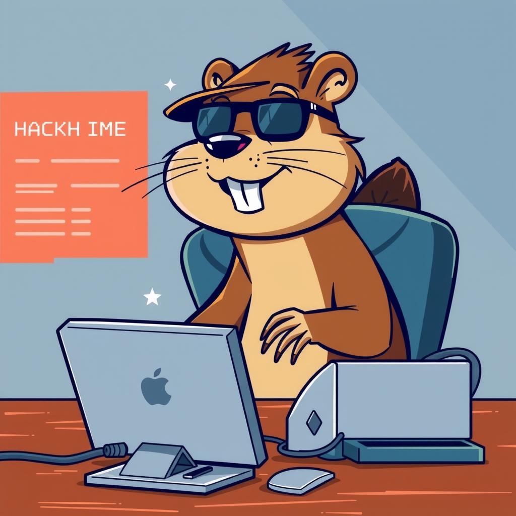 beaver hacker with sunglasses sitting on a computer